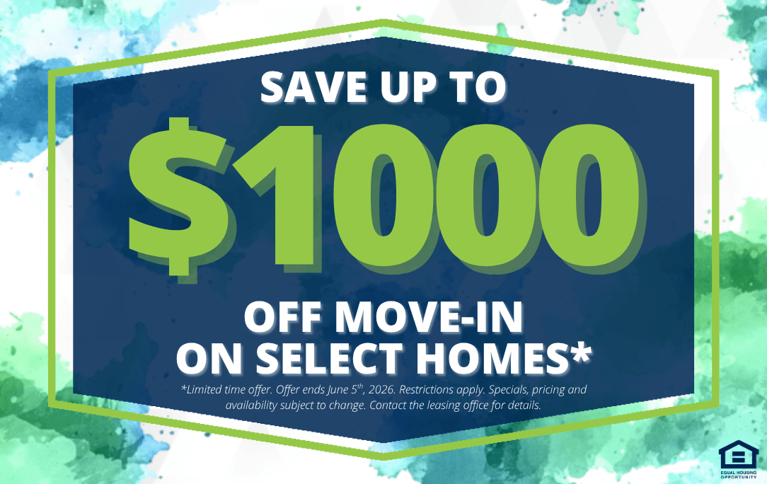 A promotional image offering up to $1000 off move-in on select homes.